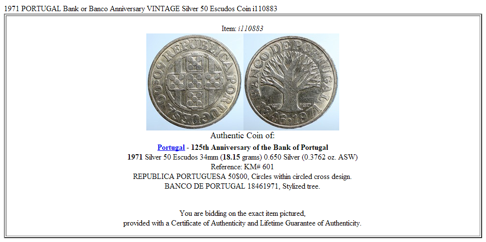 1971 PORTUGAL Bank or Banco Anniversary VINTAGE Silver 50 Escudos Coin i110883