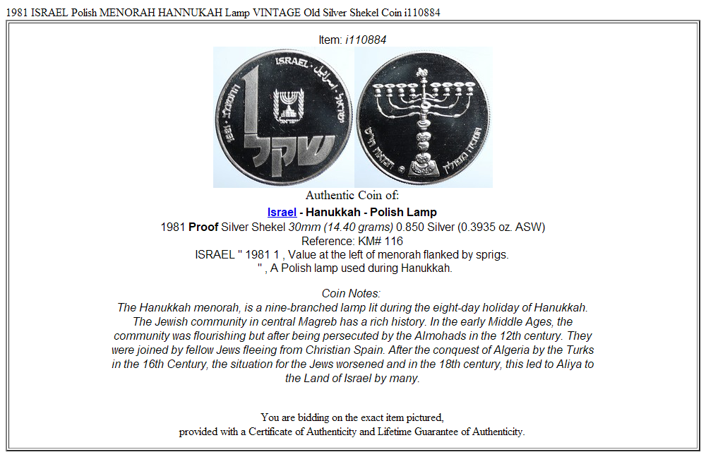 1981 ISRAEL Polish MENORAH HANNUKAH Lamp VINTAGE Old Silver Shekel Coin i110884