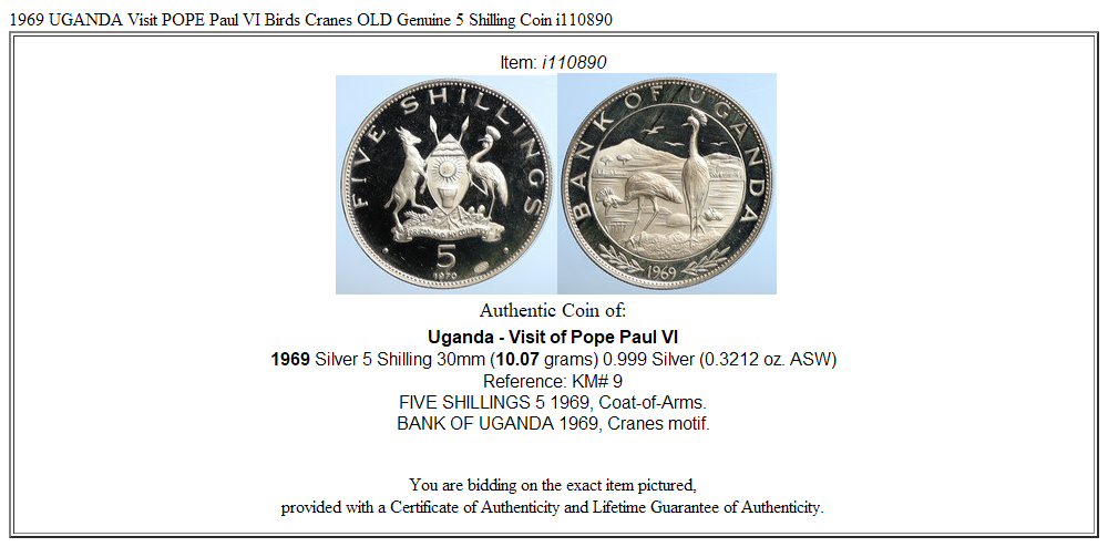 1969 UGANDA Visit POPE Paul VI Birds Cranes OLD Genuine 5 Shilling Coin i110890