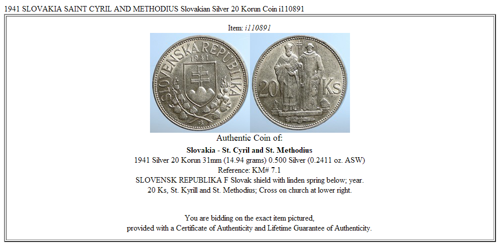 1941 SLOVAKIA SAINT CYRIL AND METHODIUS Slovakian Silver 20 Korun Coin i110891