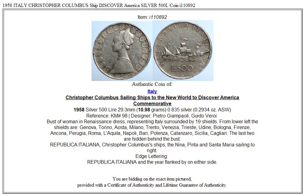 1958 ITALY CHRISTOPHER COLUMBUS Ship DISCOVER America SILVER 500L Coin i110892