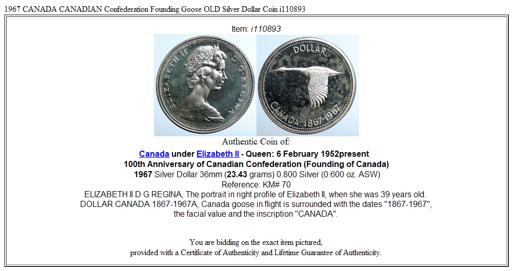 1967 CANADA CANADIAN Confederation Founding Goose OLD Silver Dollar Coin i110893