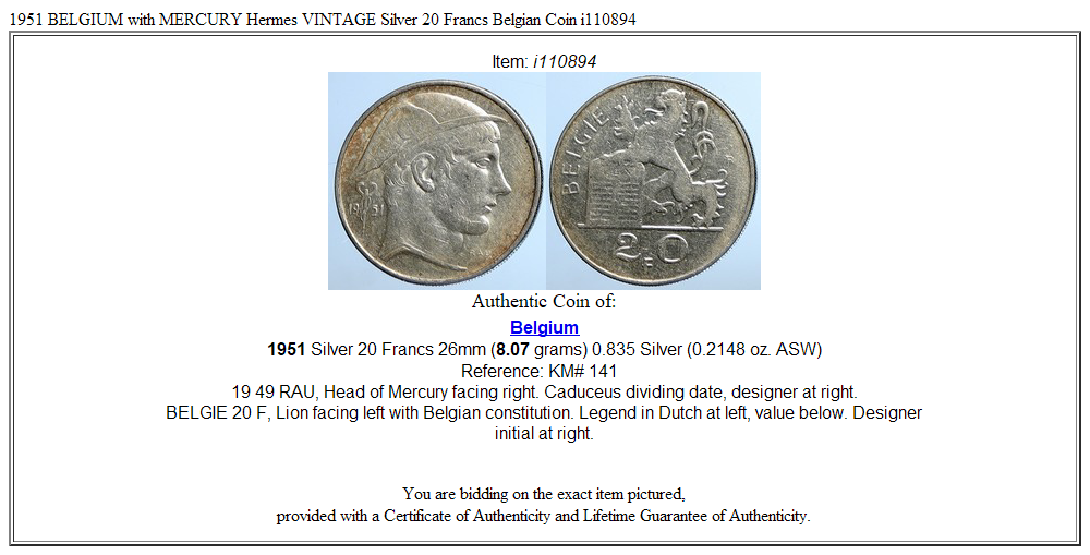 1951 BELGIUM with MERCURY Hermes VINTAGE Silver 20 Francs Belgian Coin i110894