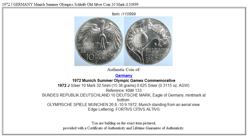 1972 J GERMANY Munich Summer Olympics Schleife Old Silver Coin 10 Mark i110899