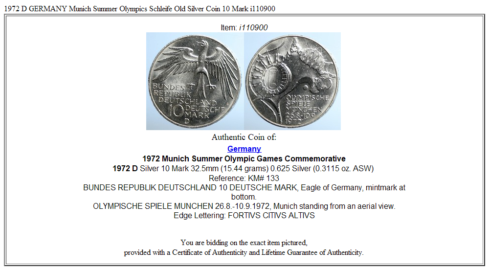 1972 D GERMANY Munich Summer Olympics Schleife Old Silver Coin 10 Mark i110900