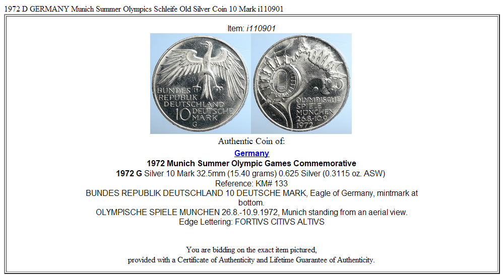 1972 D GERMANY Munich Summer Olympics Schleife Old Silver Coin 10 Mark i110901