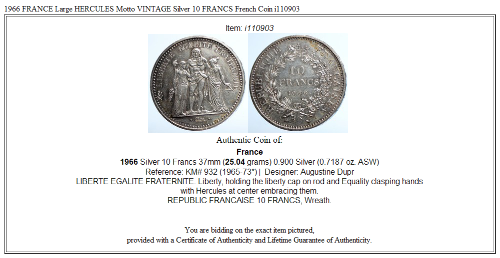 1966 FRANCE Large HERCULES Motto VINTAGE Silver 10 FRANCS French Coin i110903