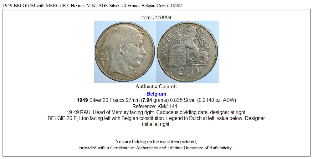 1949 BELGIUM with MERCURY Hermes VINTAGE Silver 20 Francs Belgian Coin i110904