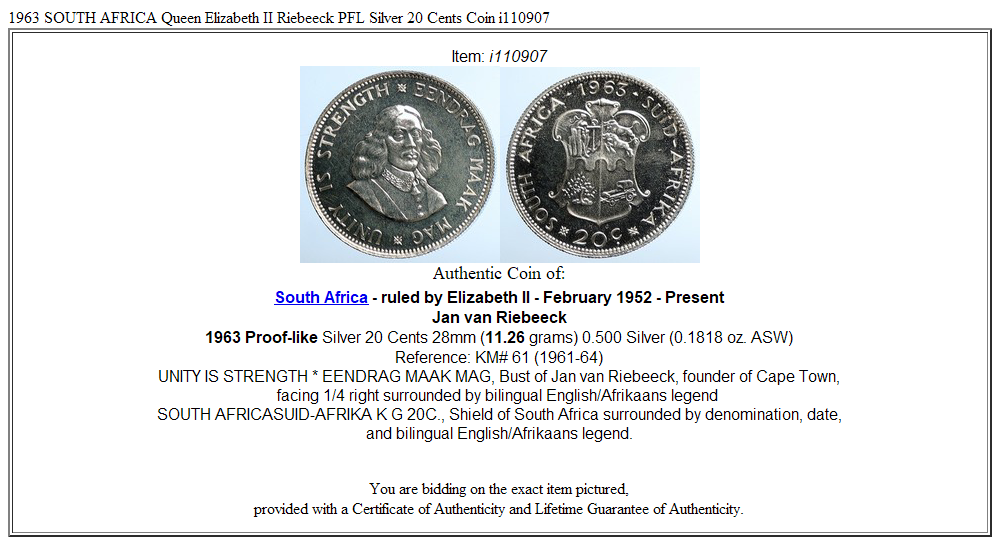 1963 SOUTH AFRICA Queen Elizabeth II Riebeeck PFL Silver 20 Cents Coin i110907