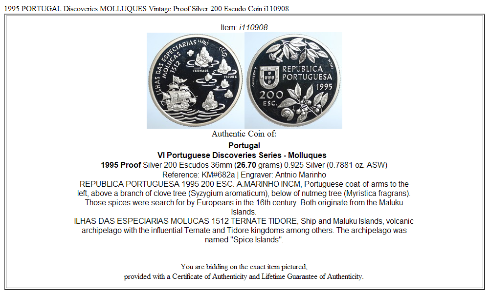 1995 PORTUGAL Discoveries MOLLUQUES Vintage Proof Silver 200 Escudo Coin i110908