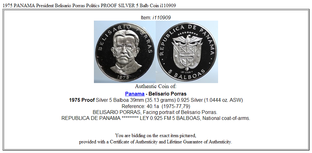 1975 PANAMA President Belisario Porras Politics PROOF SILVER 5 Balb Coin i110909