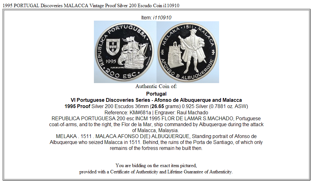 1995 PORTUGAL Discoveries MALACCA Vintage Proof Silver 200 Escudo Coin i110910