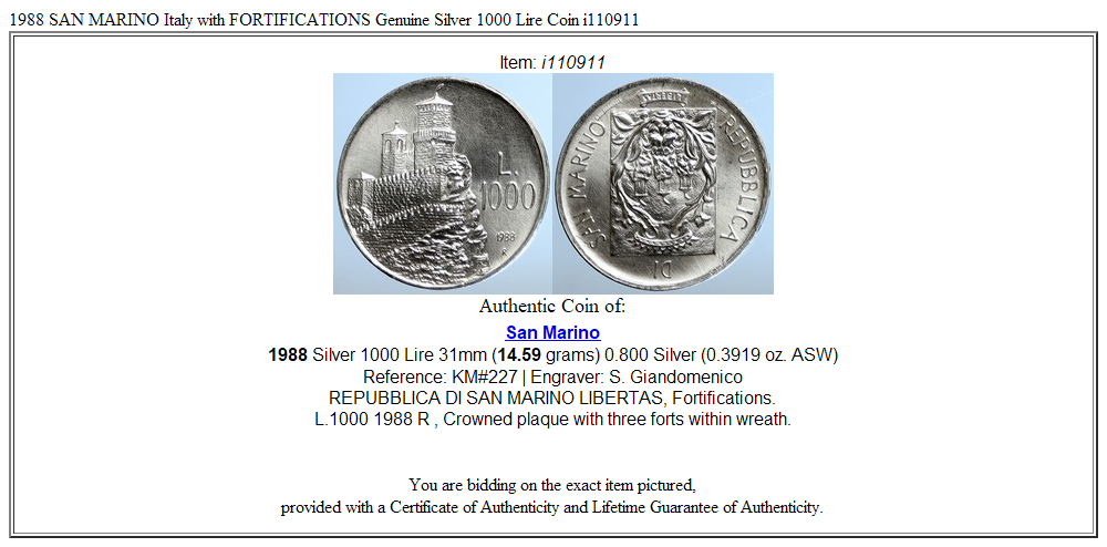 1988 SAN MARINO Italy with FORTIFICATIONS Genuine Silver 1000 Lire Coin i110911