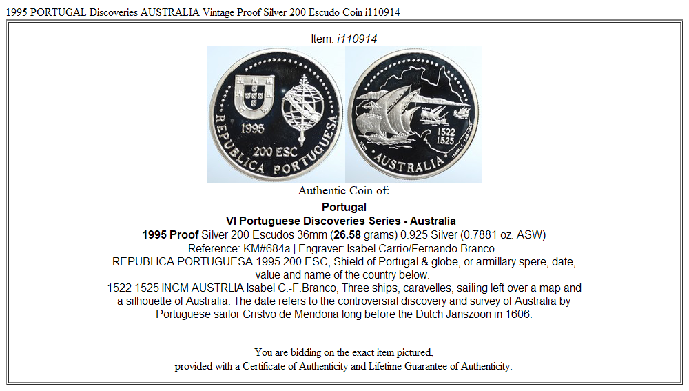 1995 PORTUGAL Discoveries AUSTRALIA Vintage Proof Silver 200 Escudo Coin i110914