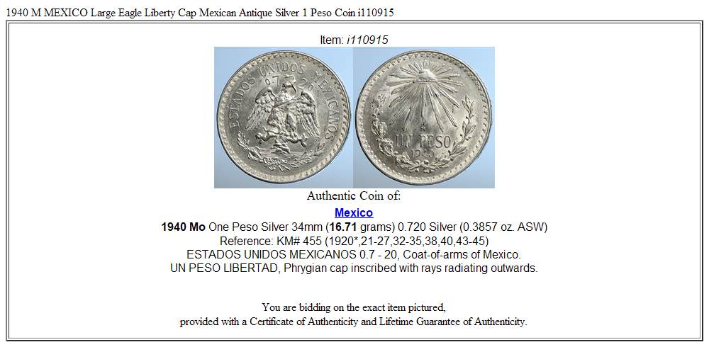 1940 M MEXICO Large Eagle Liberty Cap Mexican Antique Silver 1 Peso Coin i110915