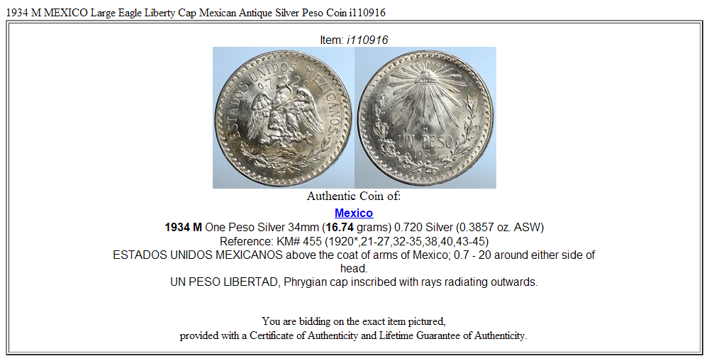 1934 M MEXICO Large Eagle Liberty Cap Mexican Antique Silver Peso Coin i110916