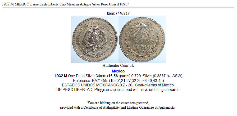 1932 M MEXICO Large Eagle Liberty Cap Mexican Antique Silver Peso Coin i110917