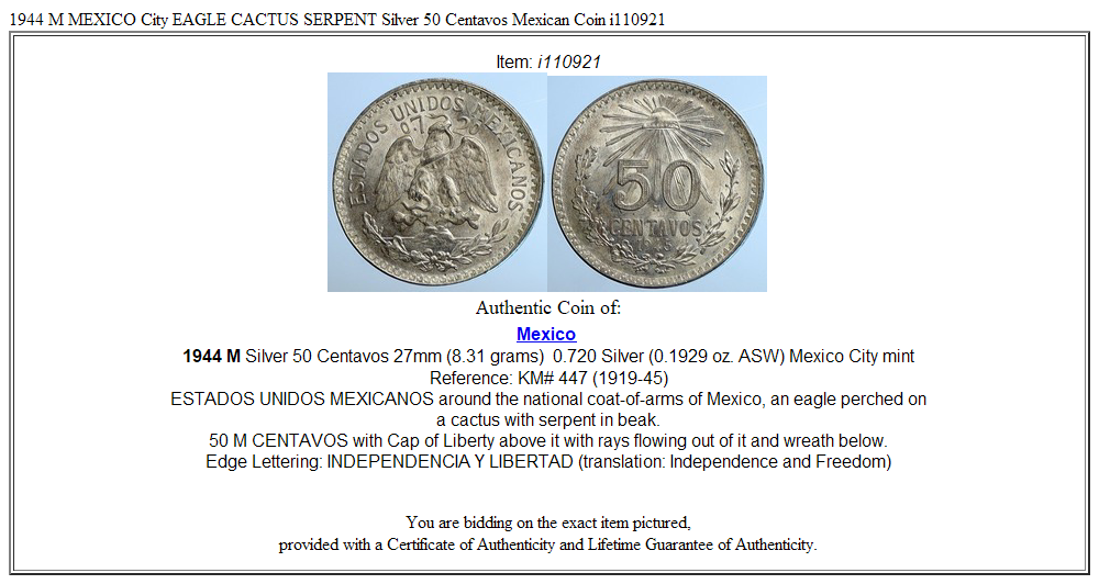 1944 M MEXICO City EAGLE CACTUS SERPENT Silver 50 Centavos Mexican Coin i110921