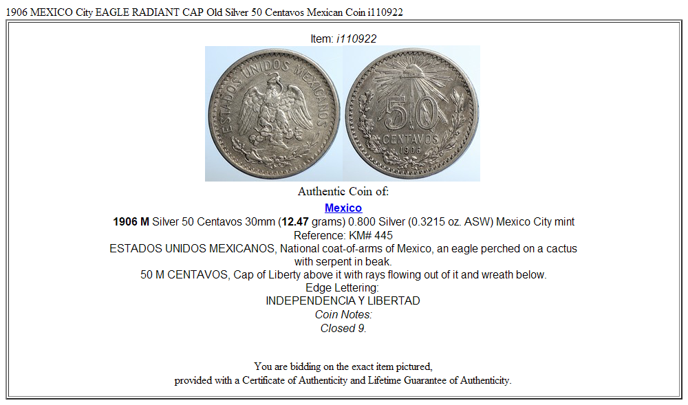 1906 MEXICO City EAGLE RADIANT CAP Old Silver 50 Centavos Mexican Coin i110922