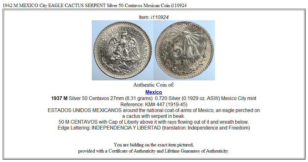 1942 M MEXICO City EAGLE CACTUS SERPENT Silver 50 Centavos Mexican Coin i110924