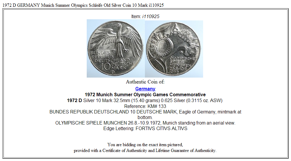 1972 D GERMANY Munich Summer Olympics Schleife Old Silver Coin 10 Mark i110925