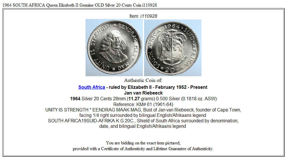 1964 SOUTH AFRICA Queen Elizabeth II Genuine OLD Silver 20 Cents Coin i110928