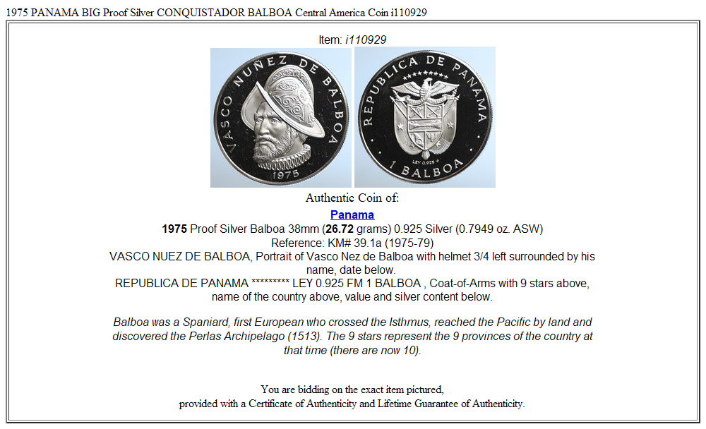 1975 PANAMA BIG Proof Silver CONQUISTADOR BALBOA Central America Coin i110929