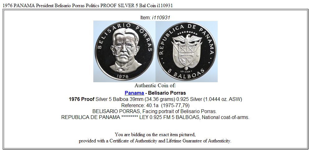 1976 PANAMA President Belisario Porras Politics PROOF SILVER 5 Bal Coin i110931