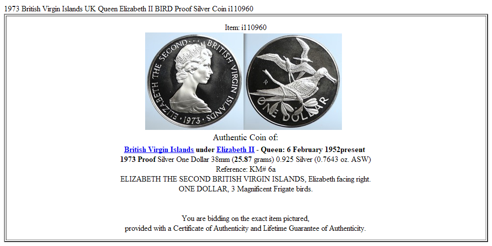 1973 British Virgin Islands UK Queen Elizabeth II BIRD Proof Silver Coin i110960