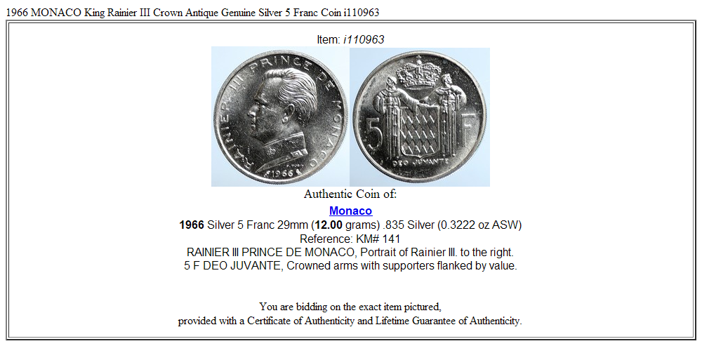 1966 MONACO King Rainier III Crown Antique Genuine Silver 5 Franc Coin i110963