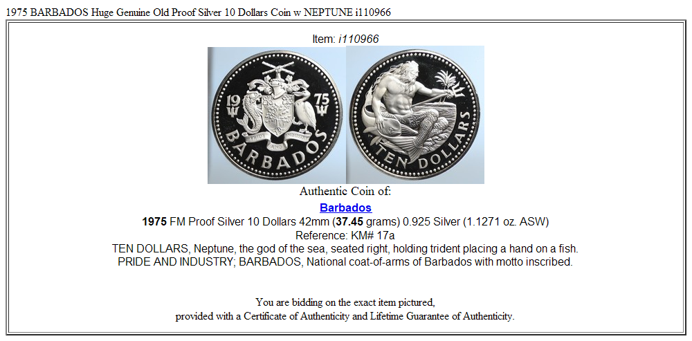 1975 BARBADOS Huge Genuine Old Proof Silver 10 Dollars Coin w NEPTUNE i110966