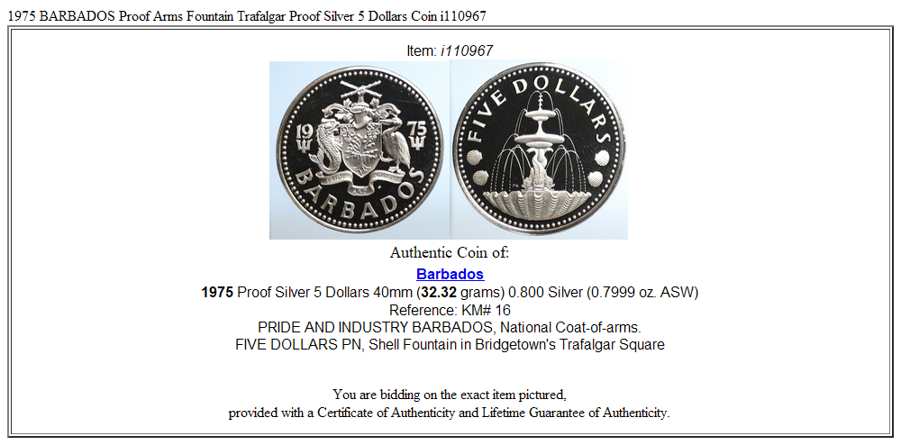 1975 BARBADOS Proof Arms Fountain Trafalgar Proof Silver 5 Dollars Coin i110967