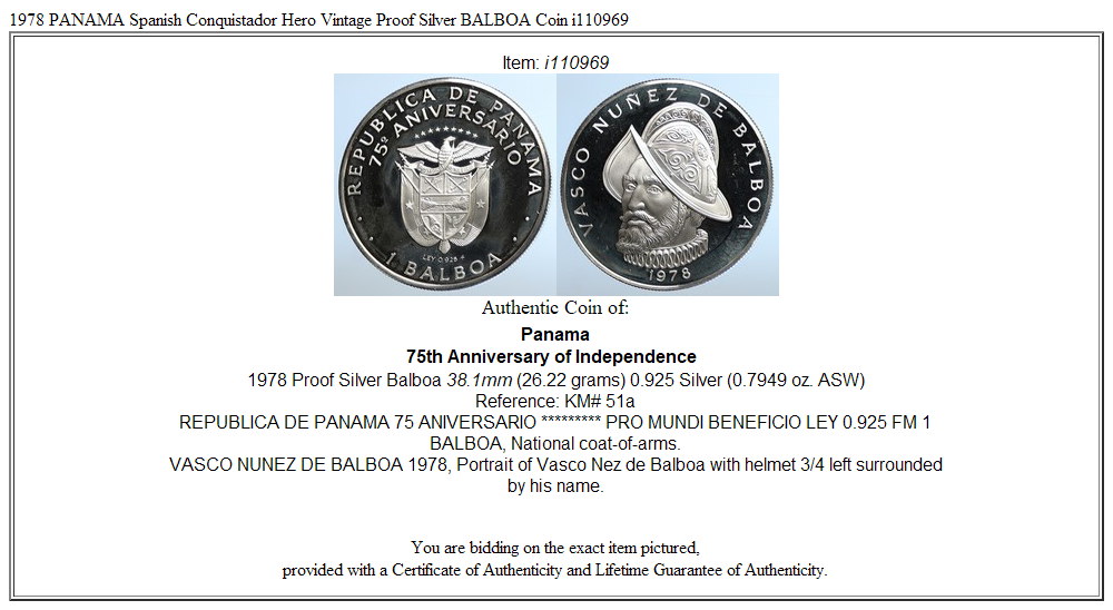 1978 PANAMA Spanish Conquistador Hero Vintage Proof Silver BALBOA Coin i110969