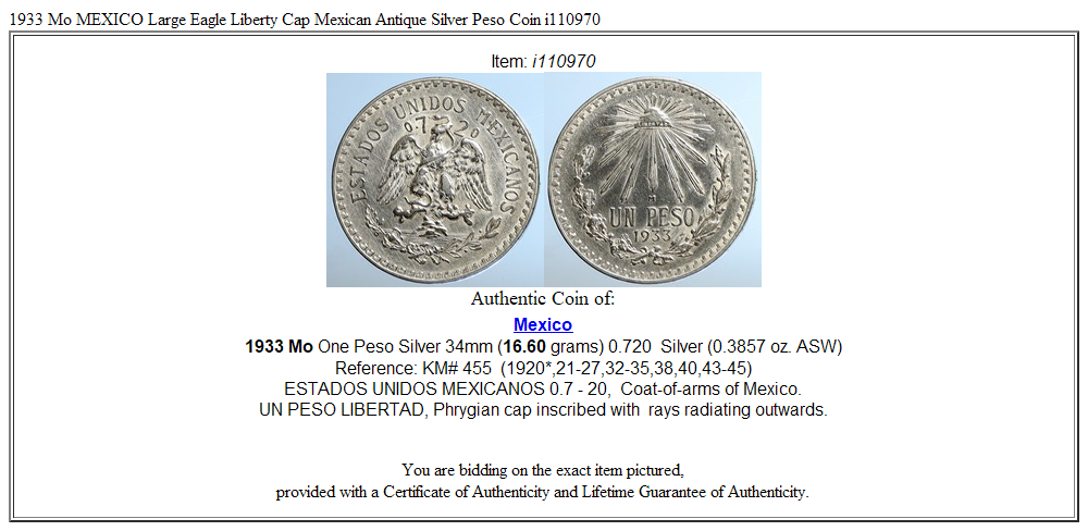 1933 Mo MEXICO Large Eagle Liberty Cap Mexican Antique Silver Peso Coin i110970