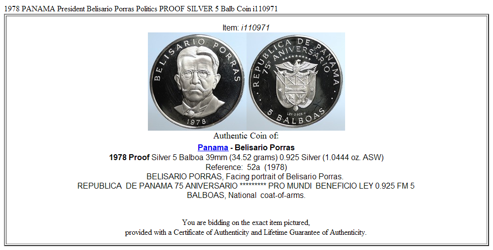 1978 PANAMA President Belisario Porras Politics PROOF SILVER 5 Balb Coin i110971