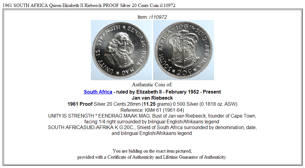 1961 SOUTH AFRICA Queen Elizabeth II Riebeeck PROOF Silver 20 Cents Coin i110972