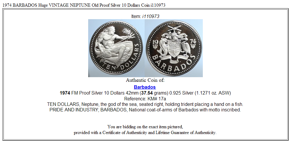 1974 BARBADOS Huge VINTAGE NEPTUNE Old Proof Silver 10 Dollars Coin i110973