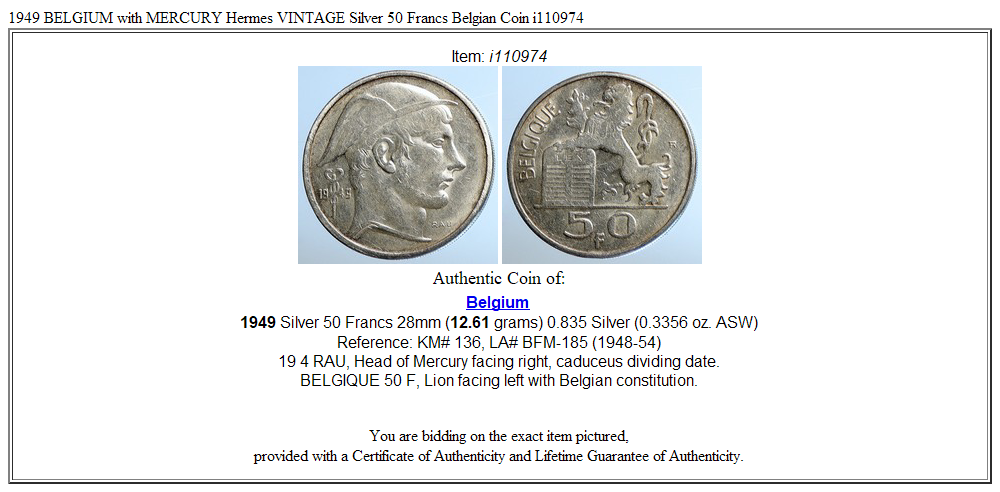 1949 BELGIUM with MERCURY Hermes VINTAGE Silver 50 Francs Belgian Coin i110974