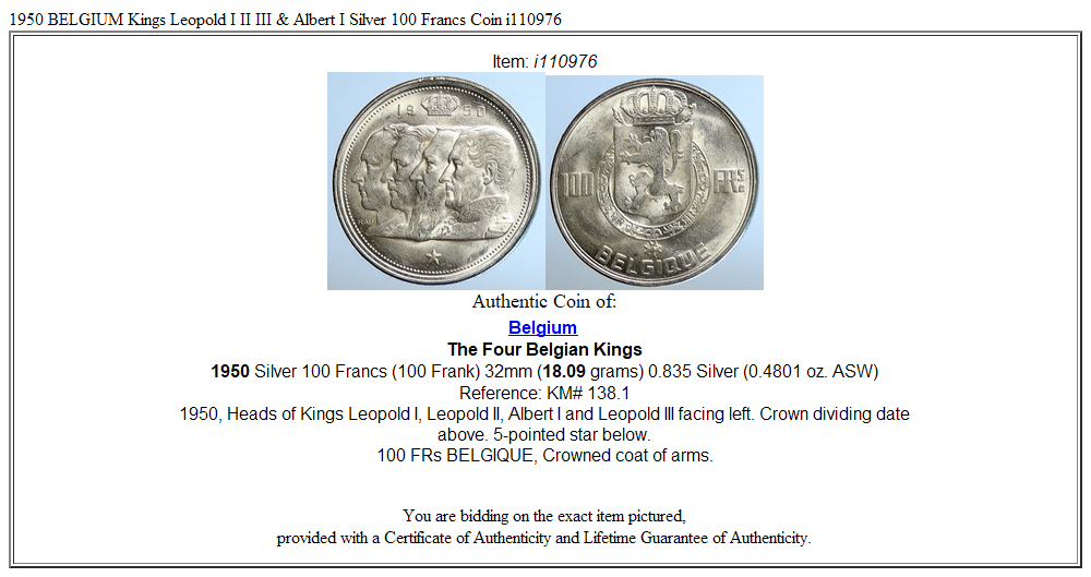 1950 BELGIUM Kings Leopold I II III & Albert I Silver 100 Francs Coin i110976