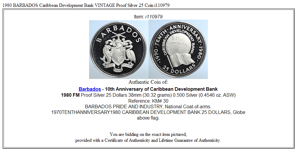 1980 BARBADOS Caribbean Development Bank VINTAGE Proof Silver 25 Coin i110979