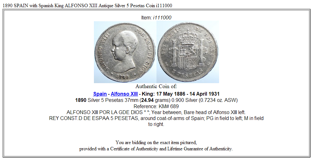 1890 SPAIN with Spanish King ALFONSO XIII Antique Silver 5 Pesetas Coin i111000