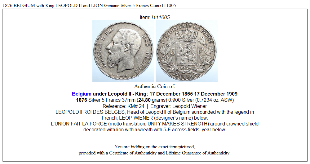 1876 BELGIUM with King LEOPOLD II and LION Genuine Silver 5 Francs Coin i111005