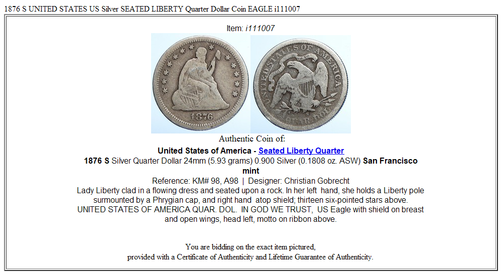 1876 S UNITED STATES US Silver SEATED LIBERTY Quarter Dollar Coin EAGLE i111007