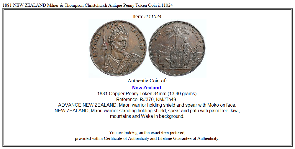 1881 NEW ZEALAND Milner & Thompson Christchurch Antique Penny Token Coin i111024