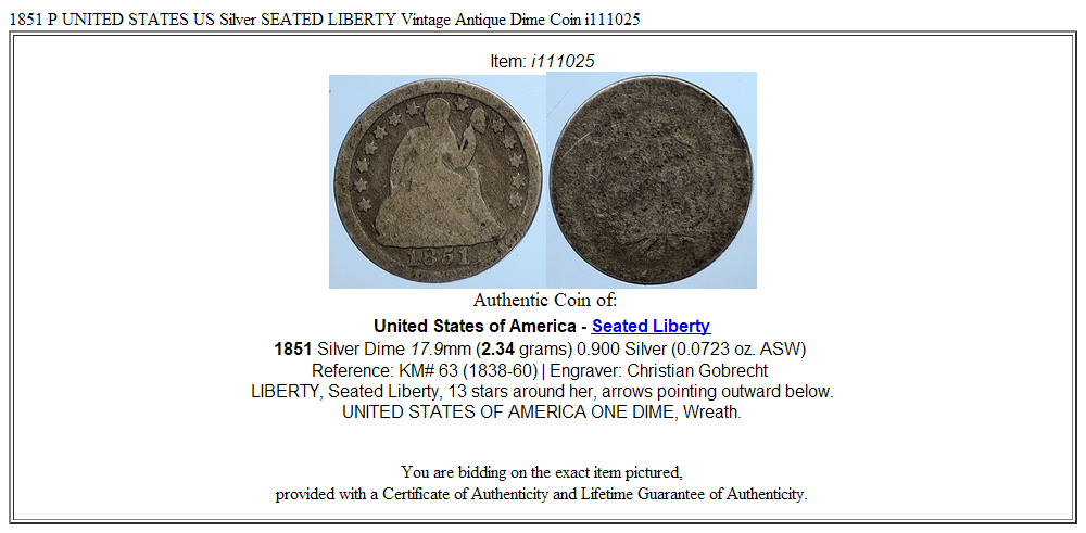 1851 P UNITED STATES US Silver SEATED LIBERTY Vintage Antique Dime Coin i111025