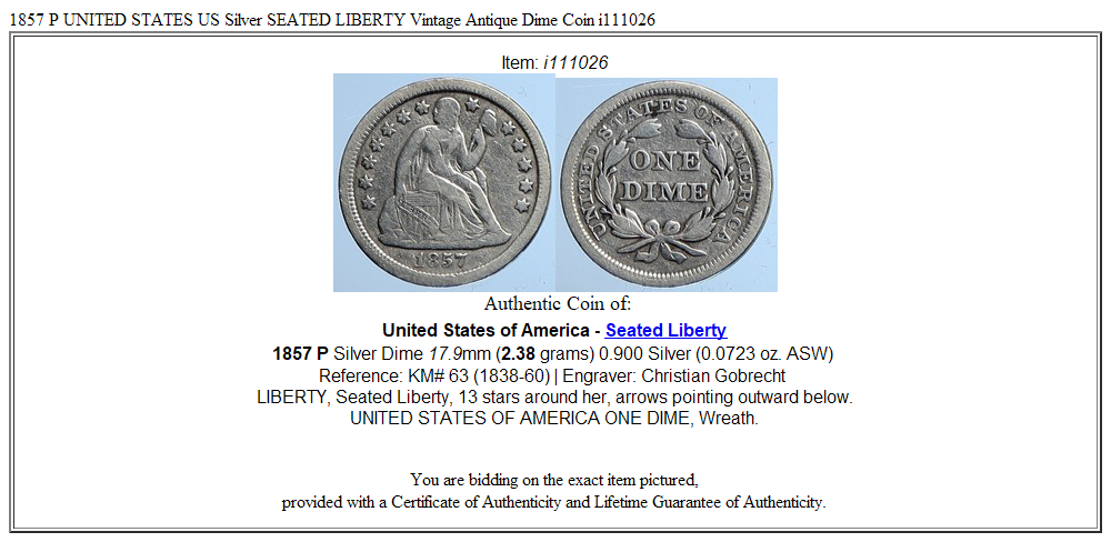 1857 P UNITED STATES US Silver SEATED LIBERTY Vintage Antique Dime Coin i111026