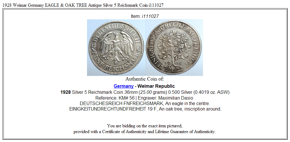 1928 Weimar Germany EAGLE & OAK TREE Antique Silver 5 Reichsmark Coin i111027