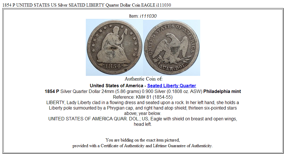 1854 P UNITED STATES US Silver SEATED LIBERTY Quarter Dollar Coin EAGLE i111030
