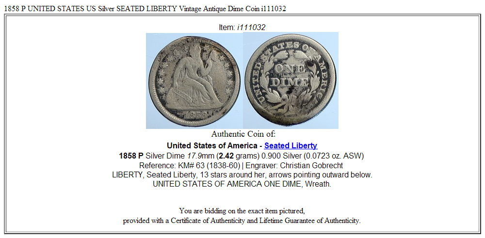 1858 P UNITED STATES US Silver SEATED LIBERTY Vintage Antique Dime Coin i111032