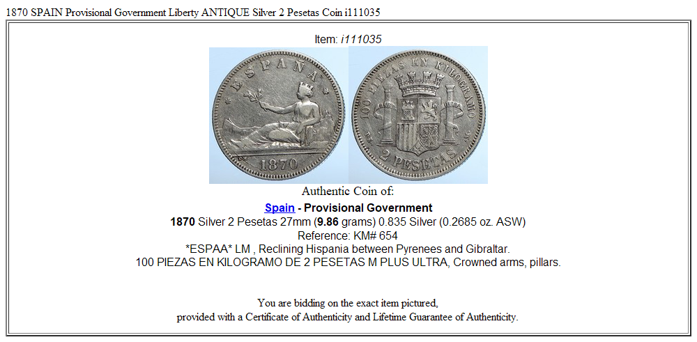 1870 SPAIN Provisional Government Liberty ANTIQUE Silver 2 Pesetas Coin i111035